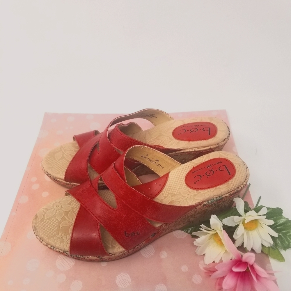 b.o.c. Red Leather Sandals. Wedge Heels. Size 8.